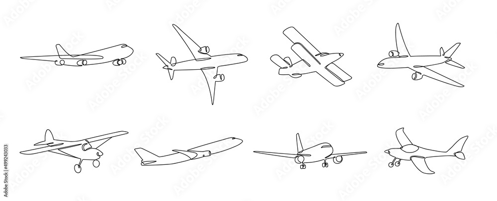 One line airplane. Travel aviation, private plane and airlines linear sketch vector illustration set One line airplane. Travel aviation, private plane and airlines linear sketch vector illustration set