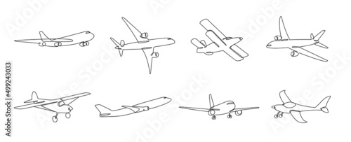 One line airplane. Travel aviation, private plane and airlines linear sketch vector illustration set