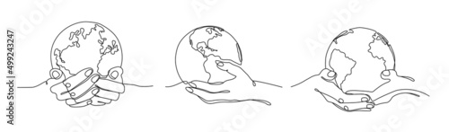Hold world in hands. Carry earth, one line globe in hand and global support concept vector illustration set