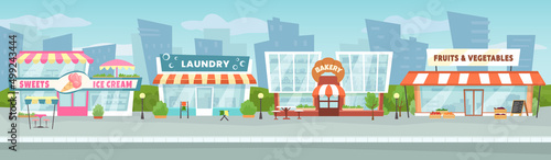 Street shops. Market street around town road, city downtown with local shop buildings vector illustration