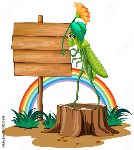 Sign board with grasshopper on white background