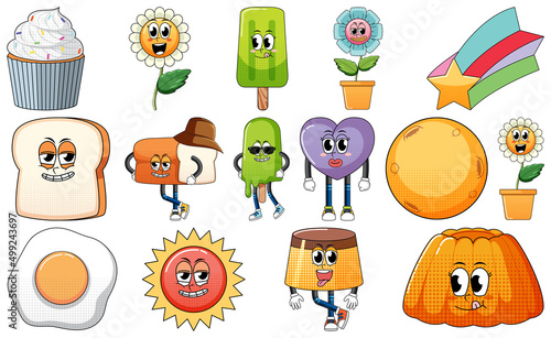 Set of facial expression with vintage style food cartoon on white background