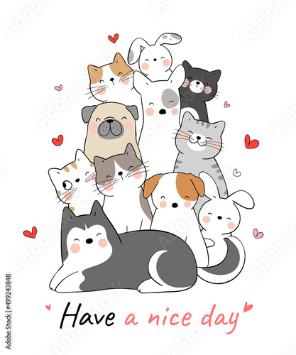 Draw funny animals cat dog bunny with love Doodle cartoon style