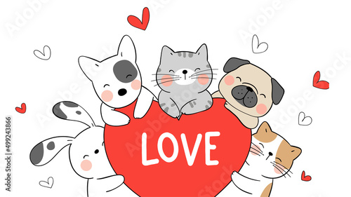 Draw happy animals cat dog bunny with heart for valentine