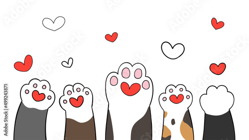 Draw paw animals cat dog with heart for valentine