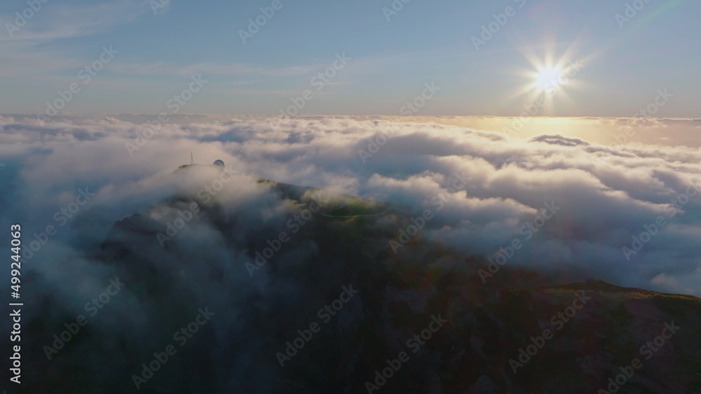Top view of green mountain hills in the National Park of Madeira Island.