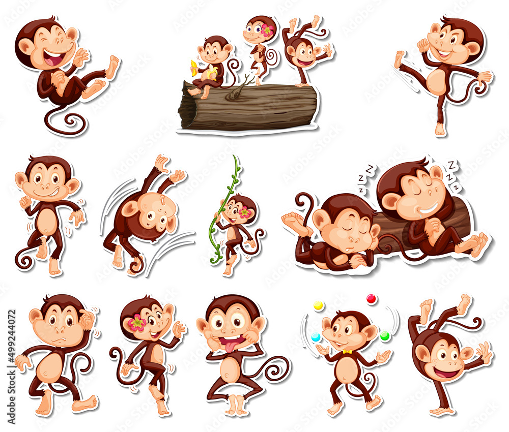 Sticker set of funny monkey cartoon characters Stock Vector | Adobe Stock