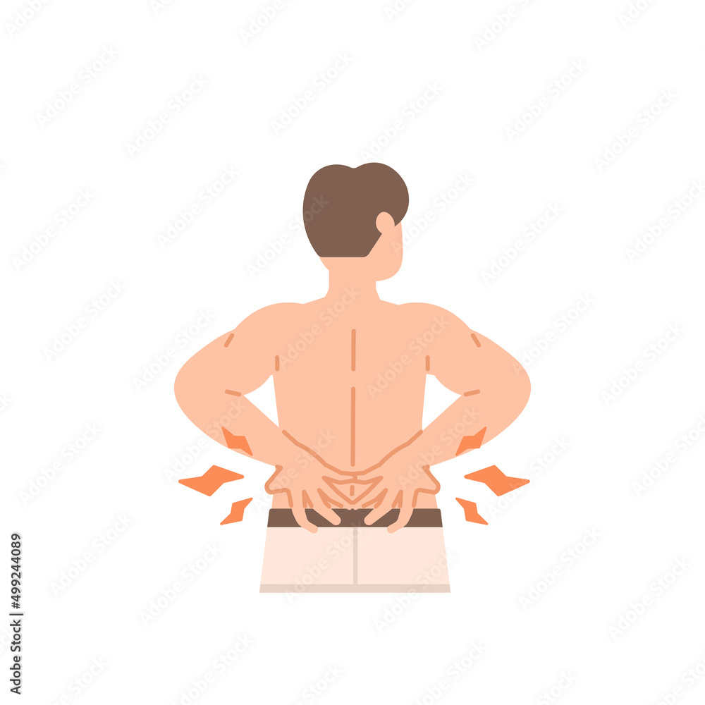 back or waist pain, gout, rheumatism, muscle pain. illustration of a man holding or massaging his back to relieve back pain and relax his muscles. health problems. flat cartoon. character design. elem back or waist pain, gout, rheumatism, muscle pain. illustration of a man holding or massaging his back to relieve back pain and relax his muscles. health problems. flat cartoon. character design. elem
