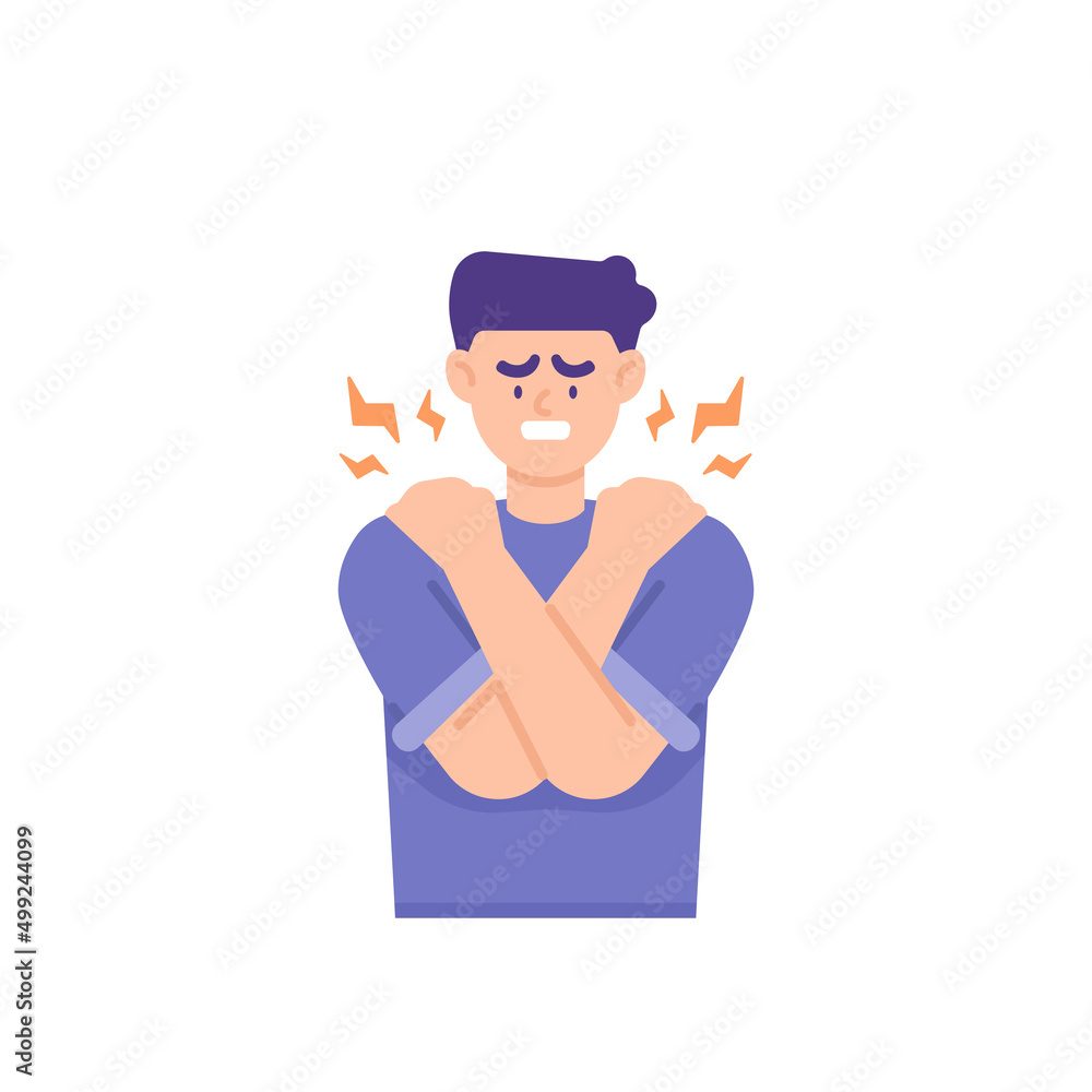 shoulder disease, muscle pain, shoulder injury. a man holds or massages his shoulder to relax muscles and relieve pain. the expression on the face of the aperson who was enduring the pain. health