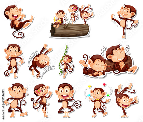 Sticker set of funny monkey cartoon characters