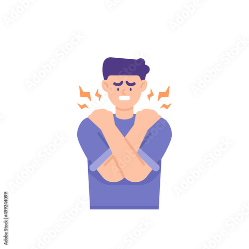 shoulder disease, muscle pain, shoulder injury. a man holds or massages his shoulder to relax muscles and relieve pain. the expression on the face of the aperson who was enduring the pain. health
