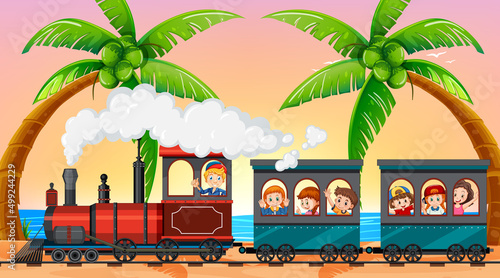 Many children riding on the train at sunset