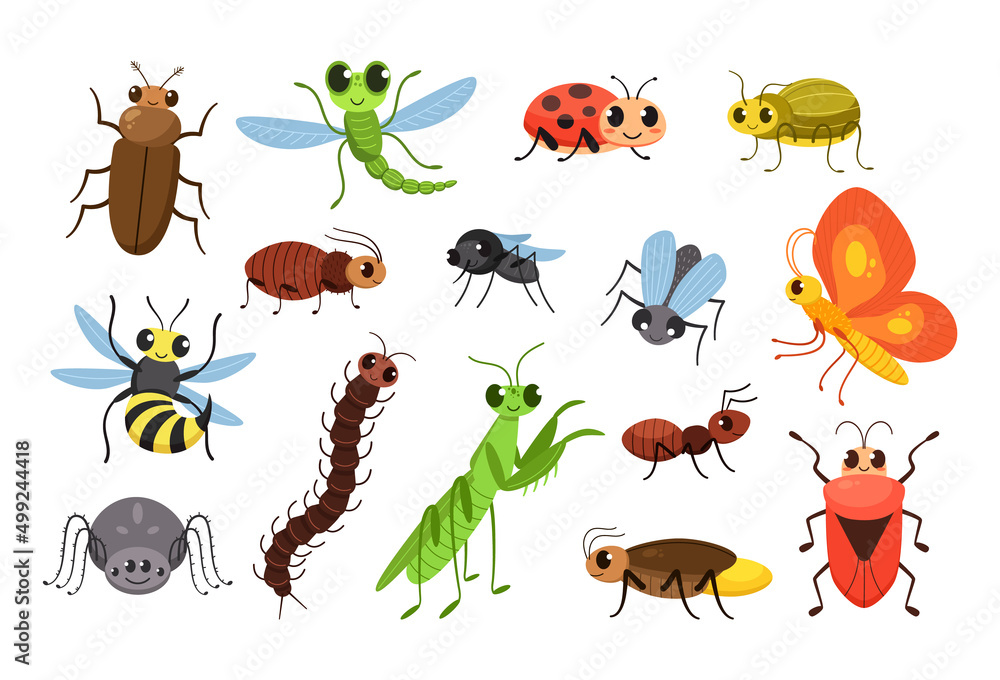 Cute cartoon insects. Happy bugs, smiling fly and little mantis vector ...
