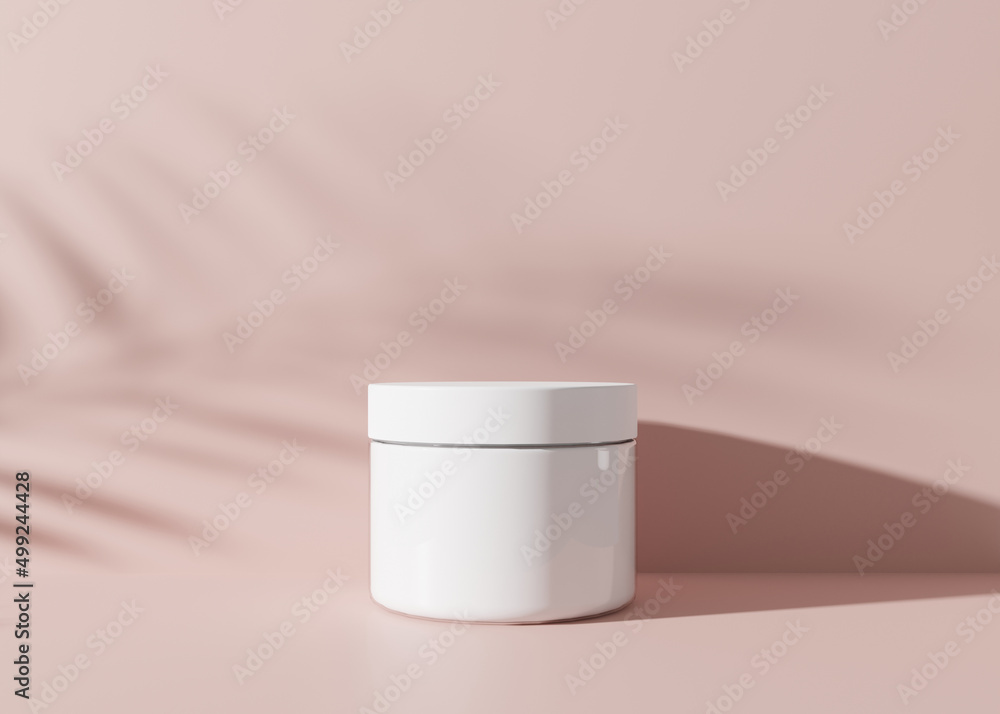 White and blank, unbranded cosmetic cream jar with leaves shadows on pink background. Skin care product presentation. Elegant mockup. Skincare, beauty and spa. Jar with copy space. 3D rendering. White and blank, unbranded cosmetic cream jar with leaves shadows on pink background. Skin care product presentation. Elegant mockup. Skincare, beauty and spa. Jar with copy space. 3D rendering.