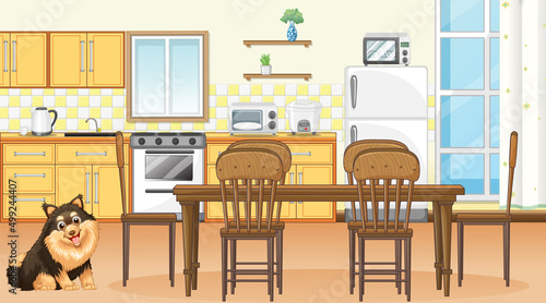 Set of different domestic animals in kitchen