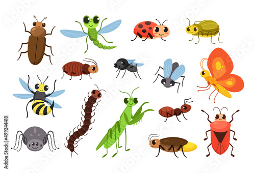 Cute cartoon insects. Happy bugs, smiling fly and little mantis vector Illustration set