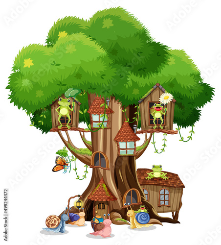 Happy insect cartoon at fairy tree house
