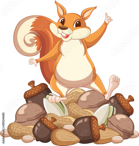 Squirrel standing on pile of nuts