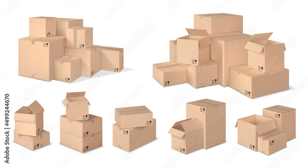 Realistic box stack. Stacked cardboard boxes, parcel pile and realistic 3d box vector set - obrazy, fototapety, plakaty 