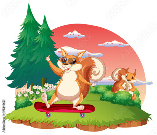 A squirrel playing skateboard on island