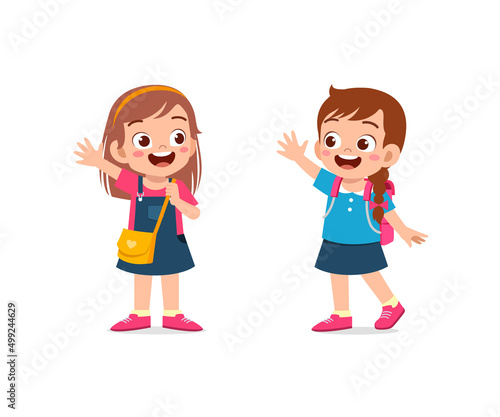 little kid say hello to friend and go to school together