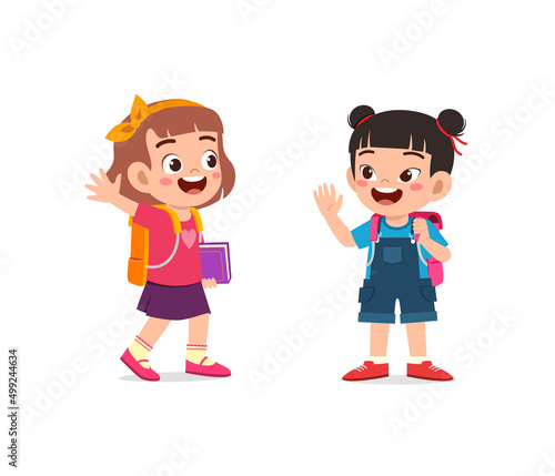 little kid say hello to friend and go to school together
