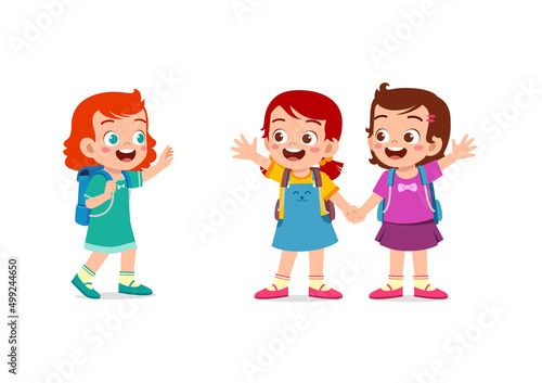 little kid say hello to friend and go to school together