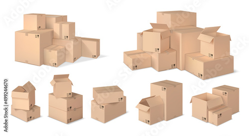 Realistic box stack. Stacked cardboard boxes, parcel pile and realistic 3d box vector set