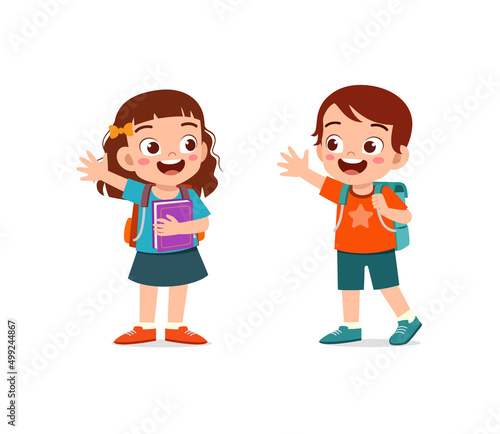 little kid say hello to friend and go to school together