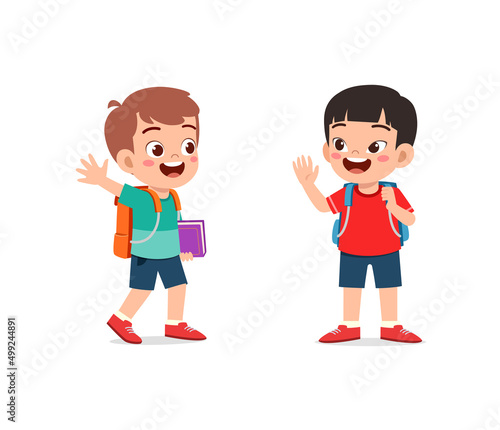 little kid say hello to friend and go to school together