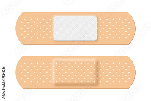 Adhesive bandage set of rectangle shape, 3d realistic band aid, back and front view