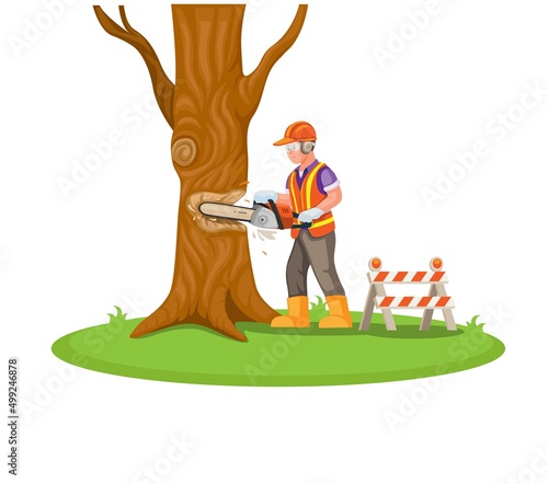 Construction worker cut tree with chainsaw. tree logging activity cartoon illustration vector