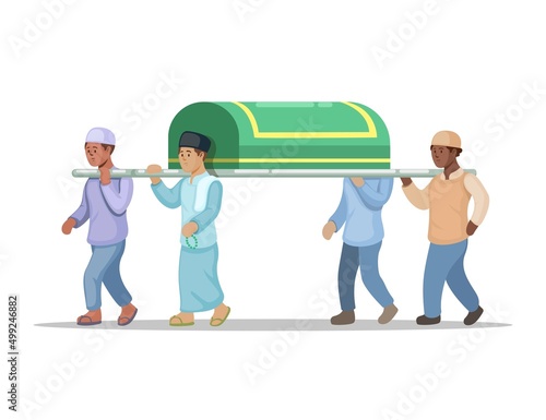 muslim funeral, pallbearer carrying coffin to cemetry in islam religion cartoon illustration vector