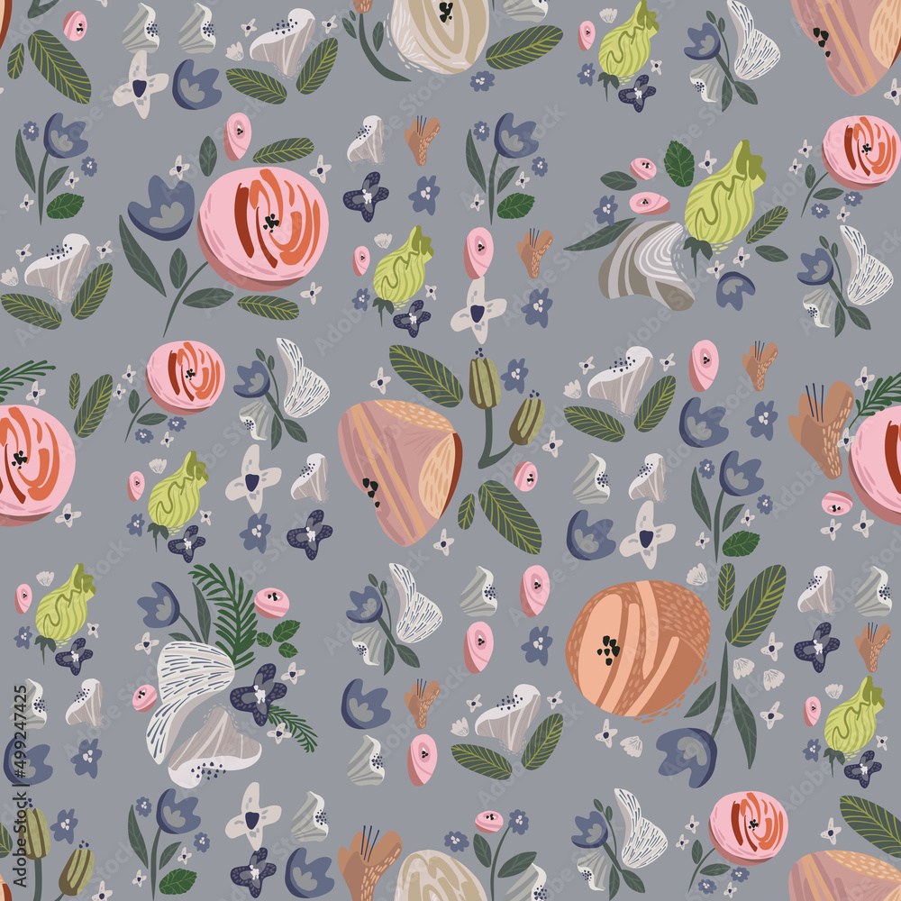 Seamless floral pattern. Vector abstact flowers on grey background. Illustration with roses Seamless floral pattern. Vector abstact flowers on grey background. Illustration with roses