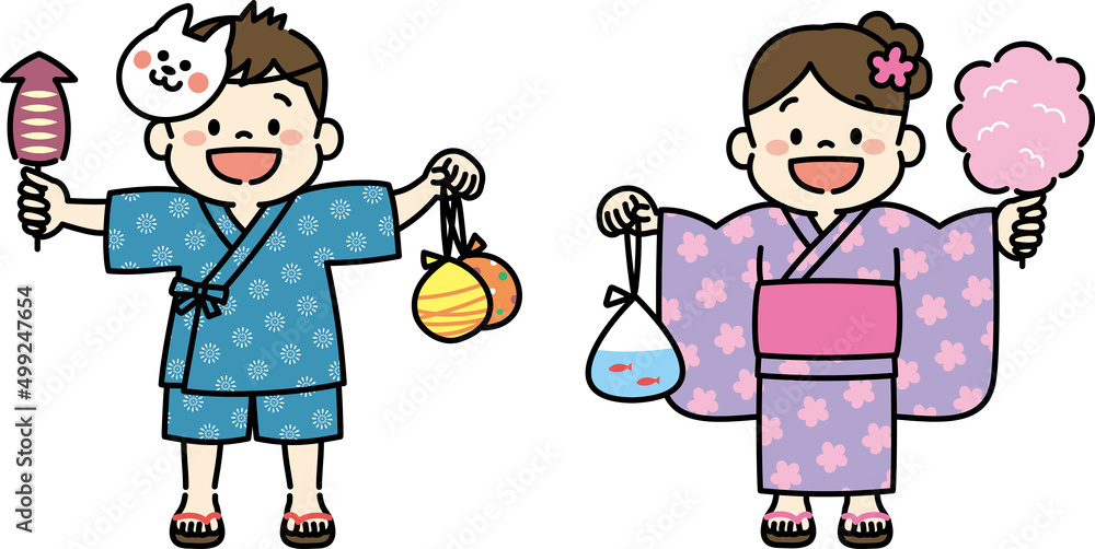 夏祭りを楽しむ子どものイラスト 縁日 浴衣 男の子と女の子 Stock ベクター | Adobe Stock