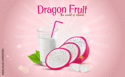 Dragon fruit smoothies  and fruit slices vector illustration on light pink background