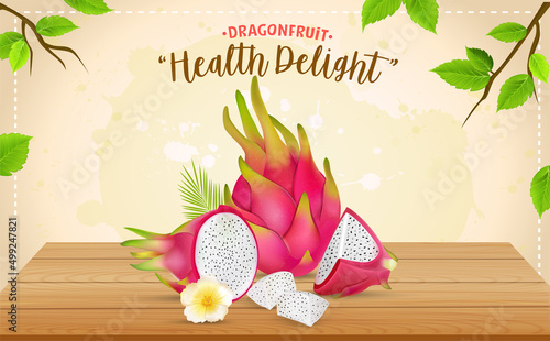 Fresh Dragon fruit vector illustration with half slices of fruit