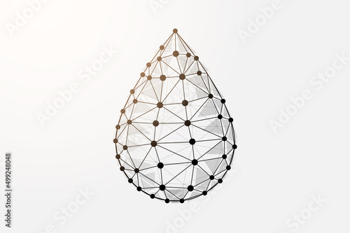 Water drop 3d low poly symbol with connected dots. Droplet, raindrop design vector illustration. Oil drop polygonal wireframe