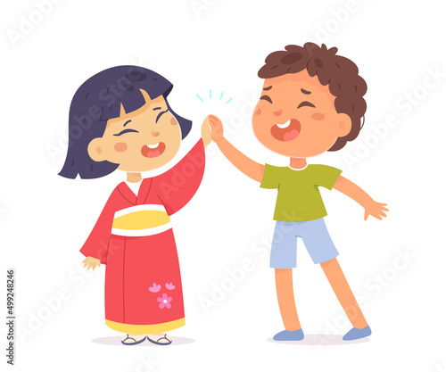 Cute kids give high five to each other with slap, girl in Japanese traditional costume