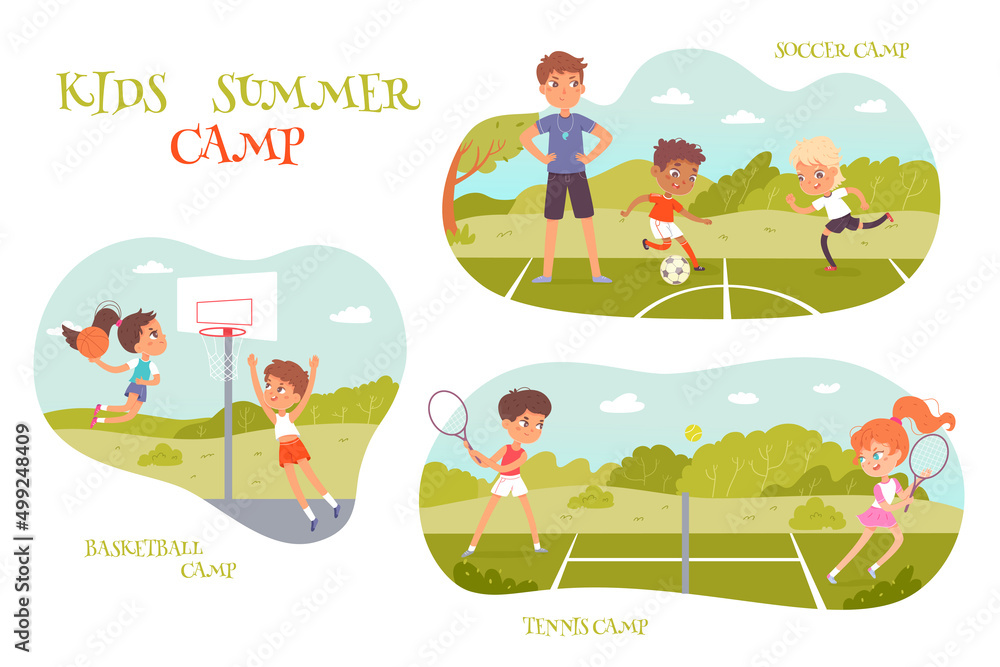 Obraz premium Summer sport camp for children set, boys and girls play tennis, soccer and basketball