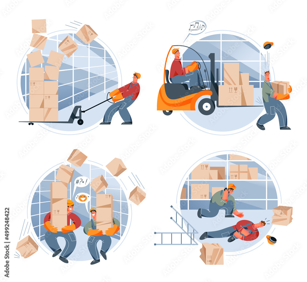 Warehouse accidents set, workers with falling cardboard boxes, collision with machinery - obrazy, fototapety, plakaty 