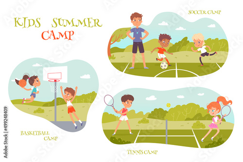 Summer sport camp for children set, boys and girls play tennis, soccer and basketball