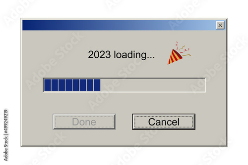 2023 loading notification message in classic retro style of system user interface vector illustration. Retro download bar and buttons, window design mockup with upload progress of New Year holiday.