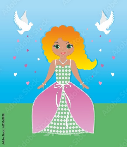 Cute and lovely girl with Cinderella princess association. Pigeon flying and spreading hearts. Vector illustration.