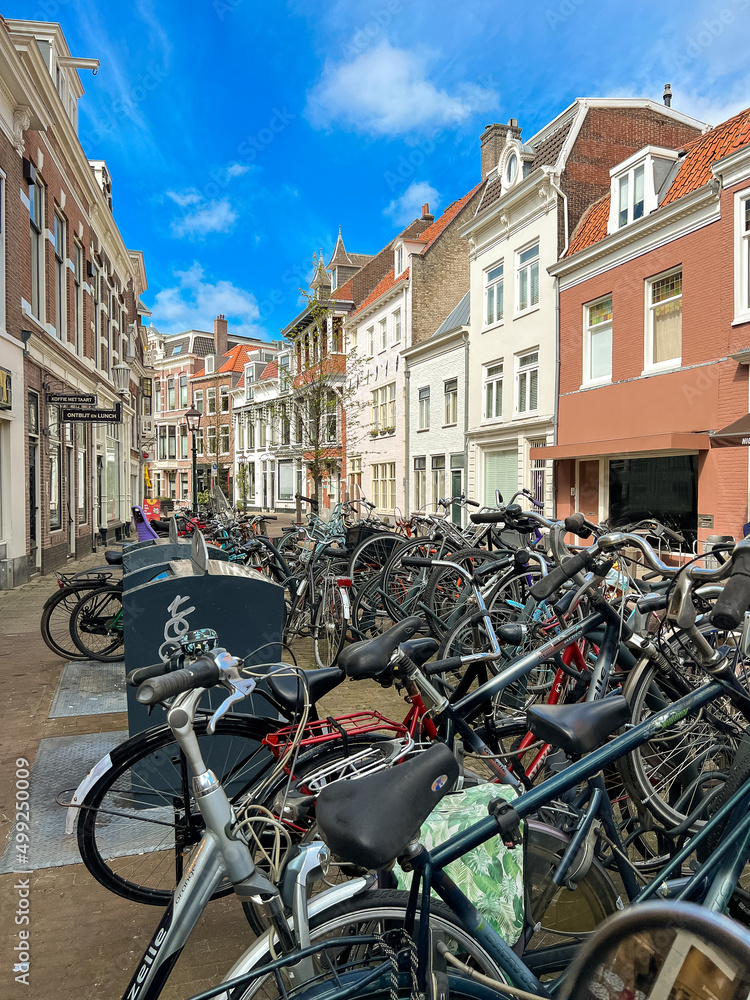 streetview in a dutch city  with bicycles and old houses 