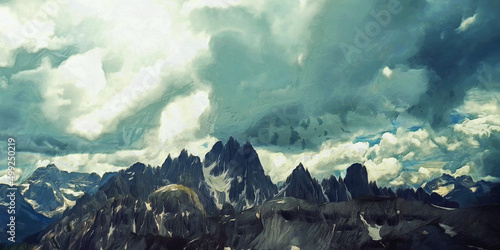 Photography Dark clouds over mountains, wide panoramic view