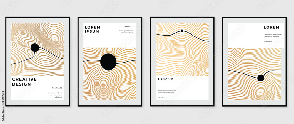 Abstract golden line cover template. Gold wave line pattern in minimal dynamic design on warm tone background. Luxury and elegant poster template suitable for prints, wallpaper and interior. - obrazy, fototapety, plakaty 
