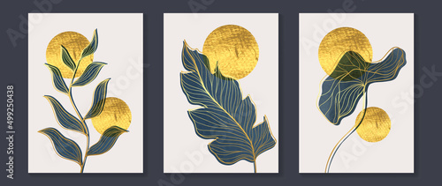 Elegant foliage wall art template. Luxury hand drawn wall decoration with gold leaves, lotus leaf, branches and circle. Shining foil texture design for wallpaper, banner, prints, covers and interior.