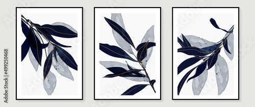 Elegant gold foliage wall art template. Luxury hand drawn wall decoration on white background with branches, eucalyptus leaves. Blue watercolor texture design for wallpaper, banner, prints, interior.