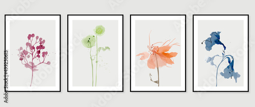Abstract floral wall art template. Set of botanical hand drawn wall decoration with flowers, leaves, wildflower. Colorful watercolor texture design for wallpaper, banner, prints, interior, poster.